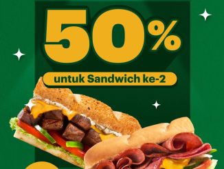 Promo Subway diskon 50% sandwich ke-2 berlaku setiap Senin & Selasa di outlet tertentu, potongan harga untuk pembelian 2 sandwich