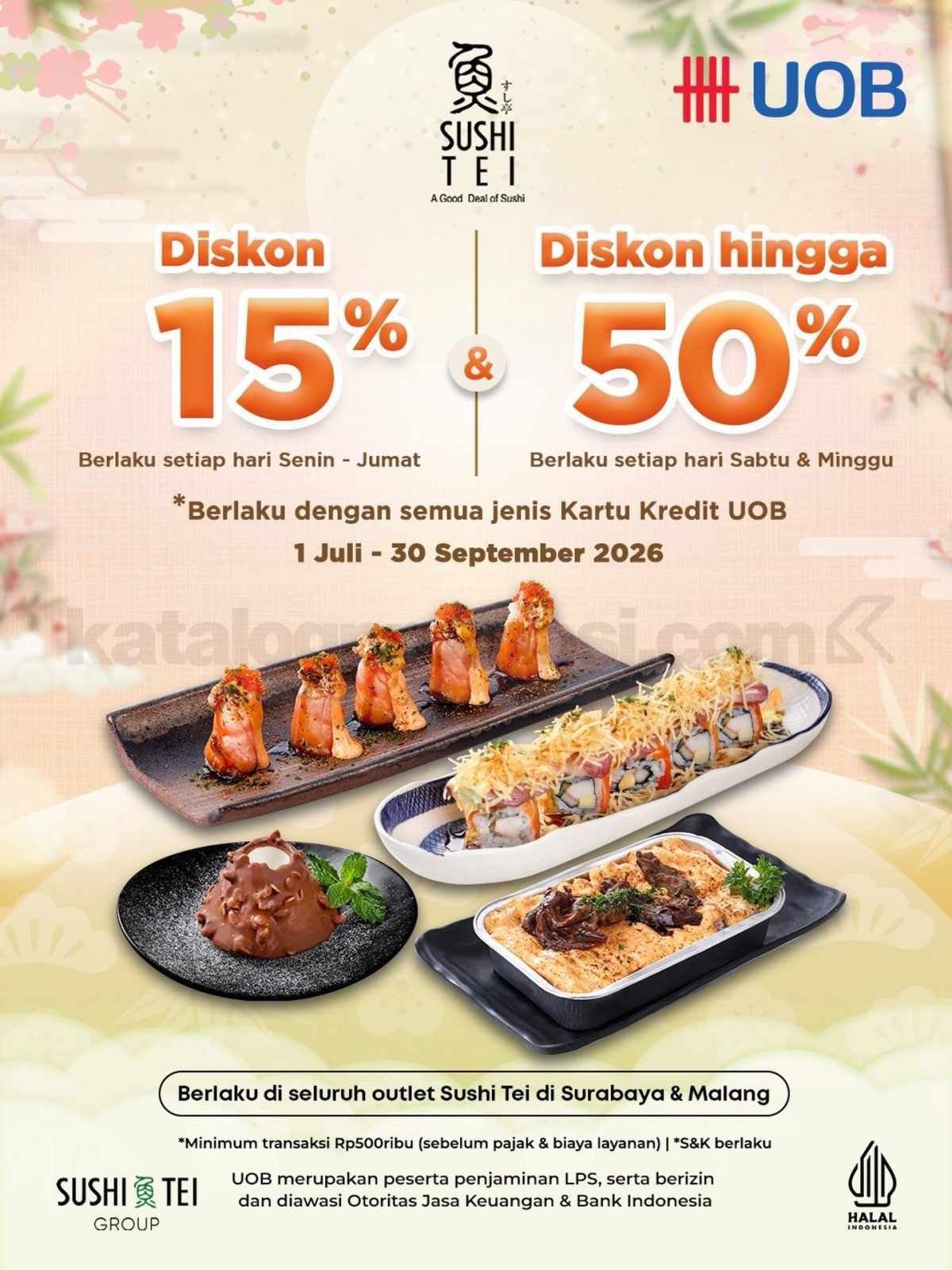 Promo Sushi Tei Diskon Hingga 50% Pakai Kartu Kredit UOB Promo Sushi Tei Diskon Hingga 50% Pakai Kartu Kredit UOB untuk dine in di Surabaya dan Malang.