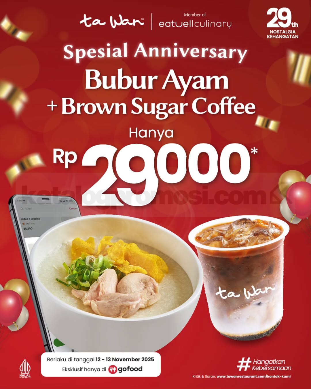 Promo Ta Wan Anniversary Bubur Ayam + Coffee Rp.29.000 Promo Ta Wan Anniversary Bubur Ayam dan Coffee Rp.29.000 melalui GoFood