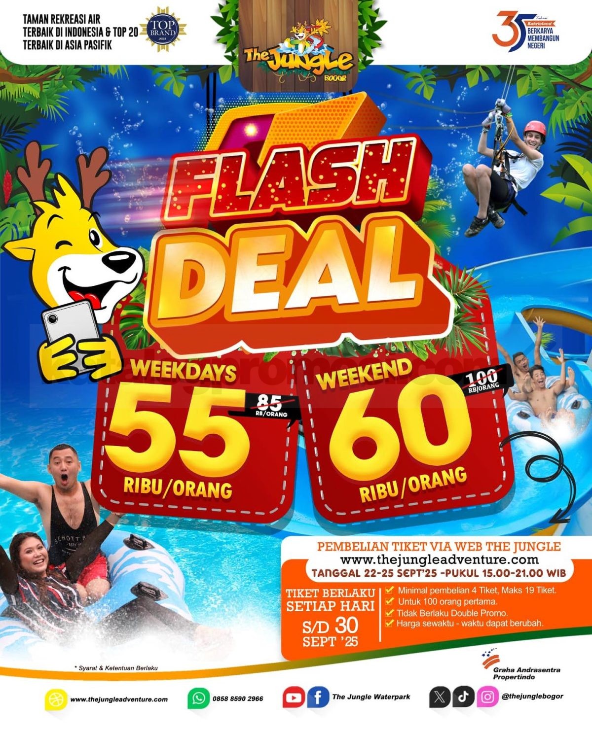 Promo The Jungle Waterpark Bogor Flash Deal Tiket mulai 55 ribu Promo The Jungle Waterpark Bogor Flash Deal tiket mulai Rp. 55.000 berlaku 22–25 September 2025 dengan kuota terbatas