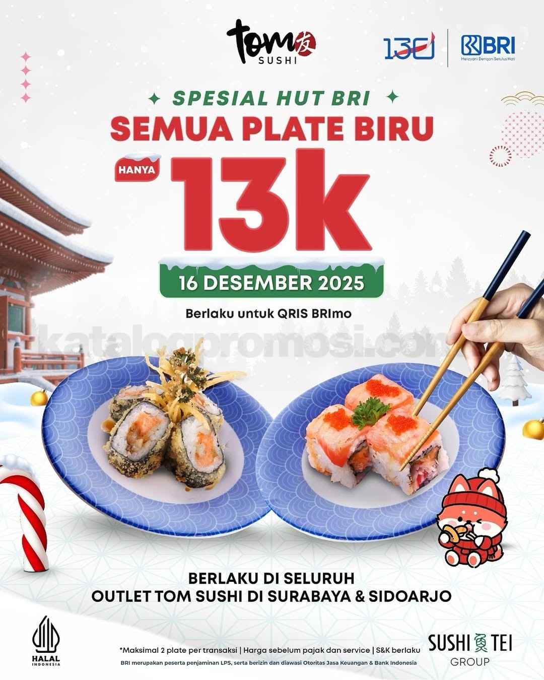 Promo Tom Sushi HUT BRI Plate Biru Rp. 13.000 Promo Tom Sushi HUT BRI Plate Biru Rp. 13.000 bayar QRIS BRImo via EDC BRI