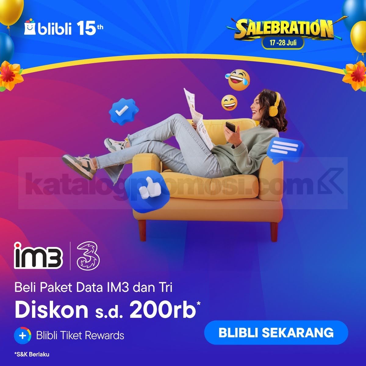 Promo Blibli 15th Salebration Paket Data Diskon Rp. 200 ribu Promo Blibli 15th Salebration Paket Data Diskon Rp. 200 ribu untuk paket data IM3 dan Tri dengan bonus Blibli Tiket Rewards.