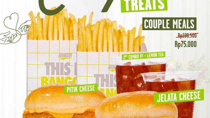 Promo Burger Bangor GrabFood Couple Treats Rp. 75.000 paket 2 burger 2 kentang 2 lemon tea