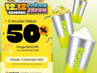 Promo GOCOCO NeoBank 12.12 E-Voucher Diskon 50% hingga Rp50.000 untuk transaksi minimal Rp75.000 pada 12 Desember 2025.