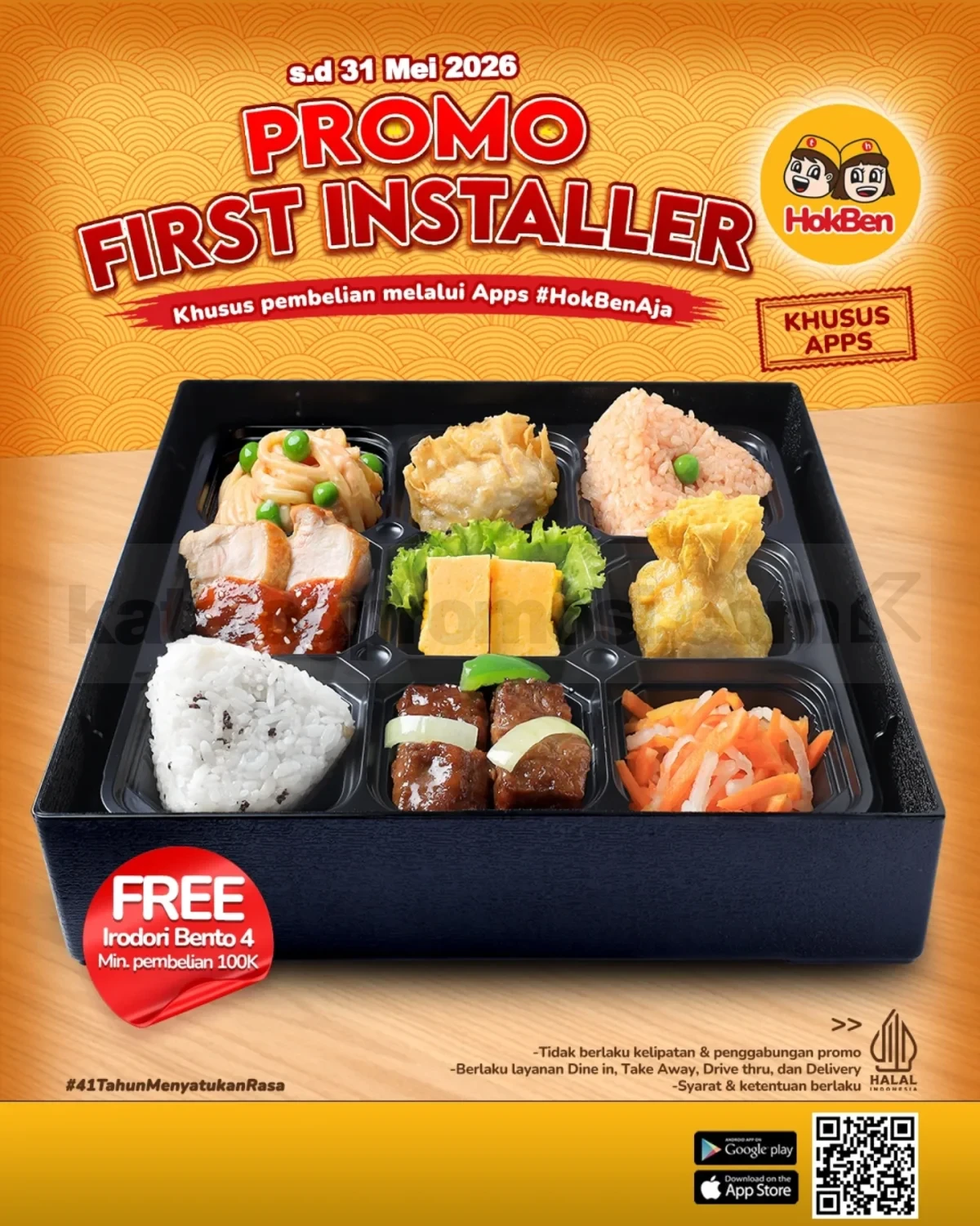 Promo HokBen First Installer Gratis Irodori Bento 4 Promo HokBen First Installer Gratis Irodori Bento 4 untuk pengguna baru aplikasi HokBen Aja