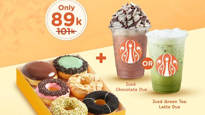 Promo JCO Donuts & Drink One Perfect Deal mulai Rp. 89.000 berisi ½ Dzn Donuts dan 1 Iced Chocolate atau Iced Green Tea Latte.
