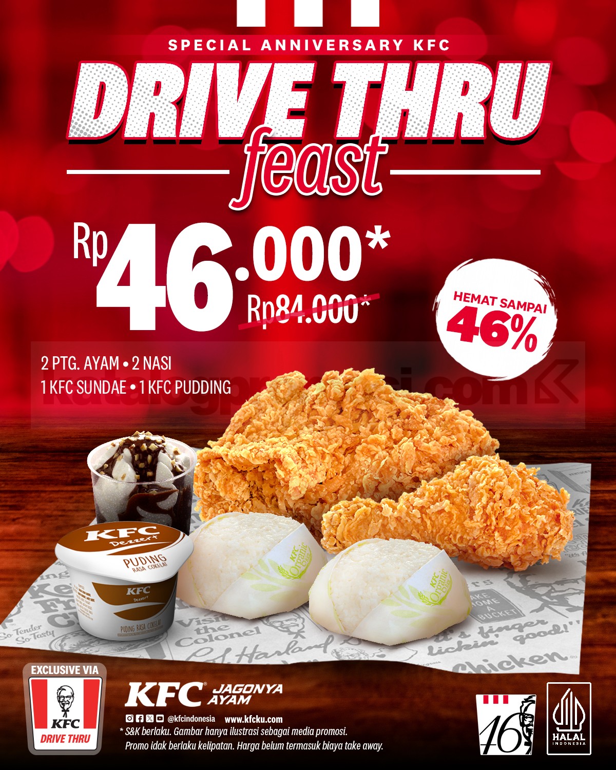Promo KFC Anniversary ke-46 Drive Thru Feast Rp. 46.000 Promo KFC Anniversary ke-46 Drive Thru Feast Rp. 46.000 berlaku hingga 31 Oktober 2025 di seluruh outlet Drive Thru