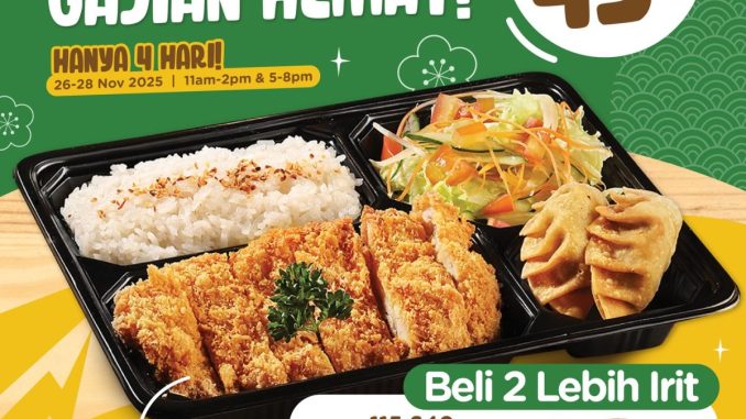 Promo Kimukatsu Flash Sale Gajian Hemat diskon 45% plus ekstra diskon GrabFood untuk 2 Chicken Katsu dan Gyoza Bento.