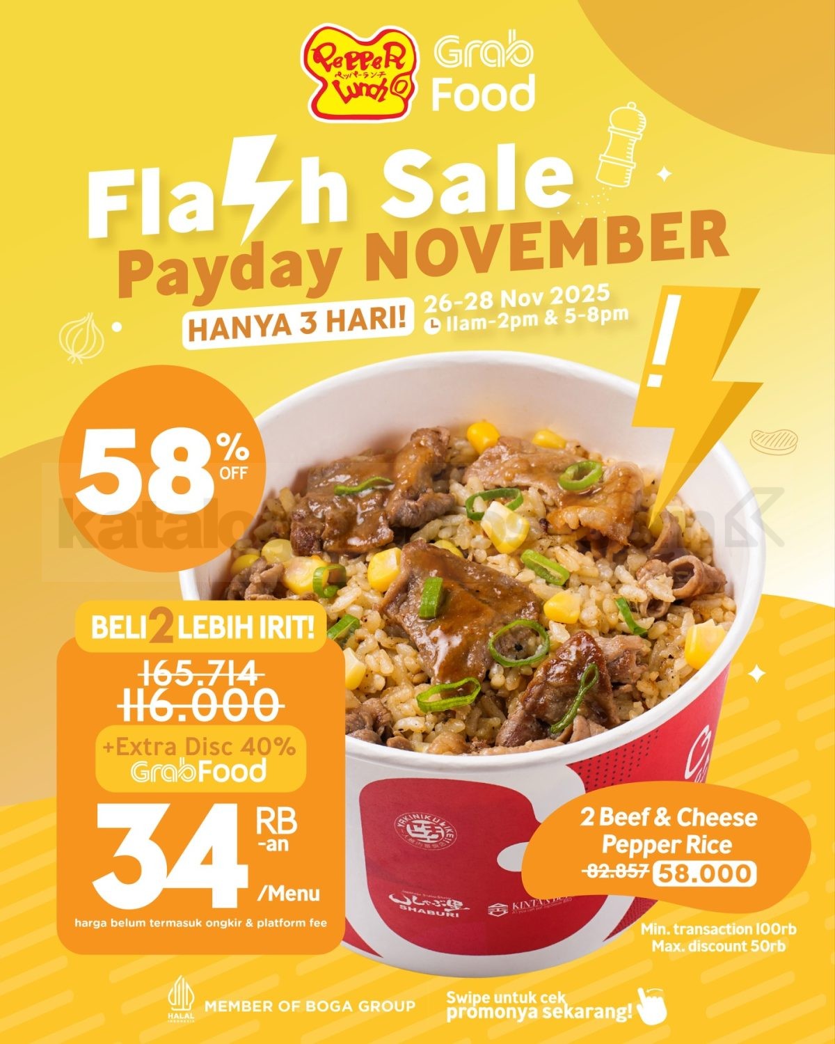 Promo Pepper Lunch GrabFood Payday mulai Rp. 34.000 Promo Pepper Lunch GrabFood Payday dengan harga mulai Rp. 34.000 dan potongan hingga 58% periode 26–28 November 2025.