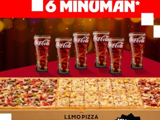 Promo Pizza Hut Holiday Deals Gratis 6 Minuman, beli 1 L1MO Pizza 3 topping dapat 6 gelas Coca-Cola, berlaku Desember 2025.