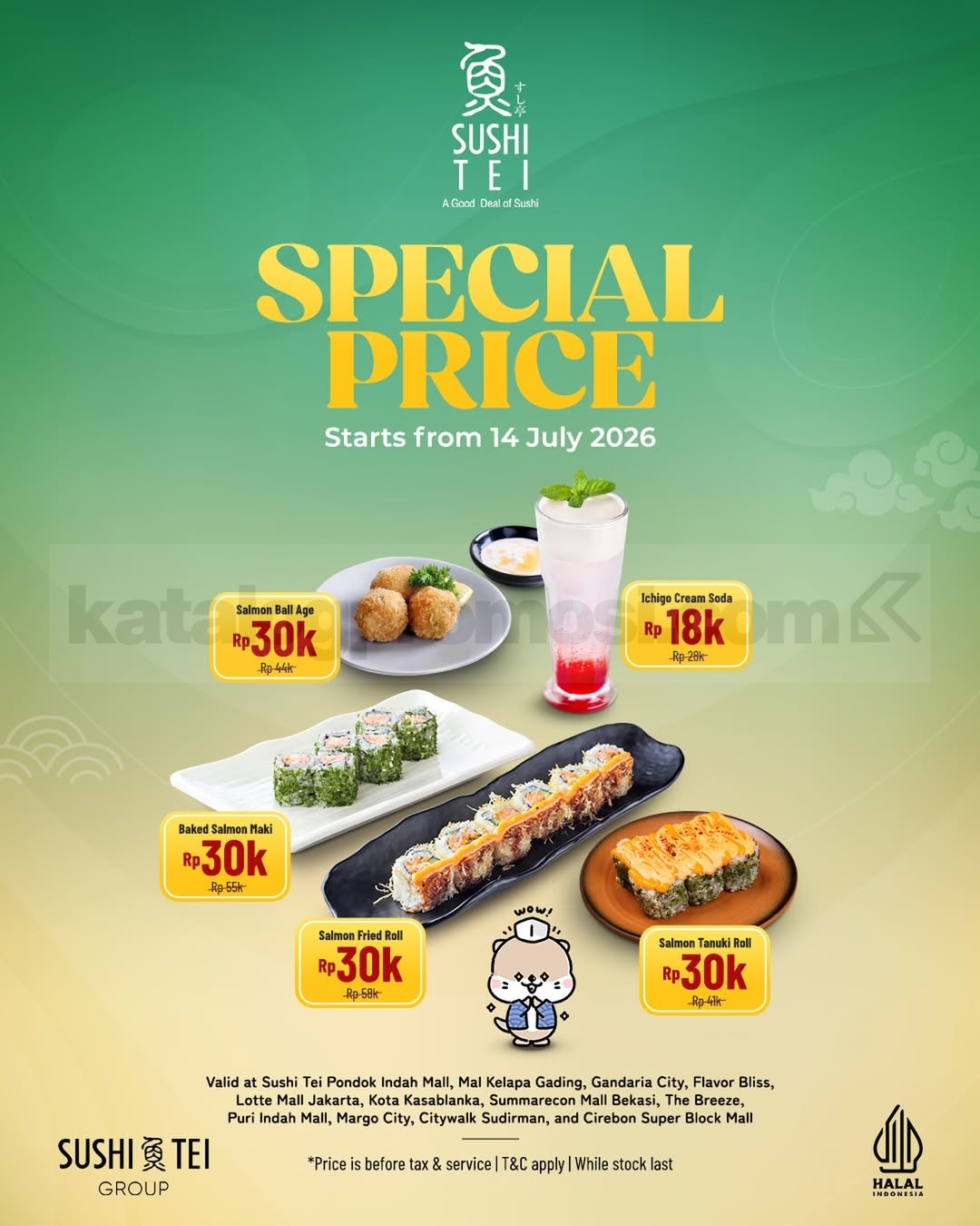 Promo Sushi Tei Harga Spesial Menu Favorit mulai Rp. 18.000 Promo Sushi Tei Harga Spesial Menu Favorit mulai Rp. 18.000 untuk sushi dan minuman pilihan di outlet tertentu.
