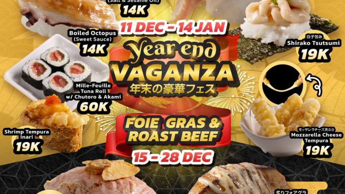 Promo Sushiro Year-End Vaganza mulai Rp. 14.000 berlaku 11 Desember 2025–14 Januari 2026 dengan seasonal menu premium.