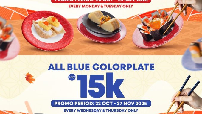 Promo Tom Sushi Puri Indah Mall Red & Blue Colorplate mulai Rp. 10.000 per plate berlaku tiap Selasa dan Rabu
