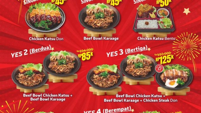 Promo Washoku Sato Year End Sale menu Jepang mulai Rp. 45.000 dengan pilihan paket Single, YES 2, YES 3, hingga YES 4 selama Desember 2025.