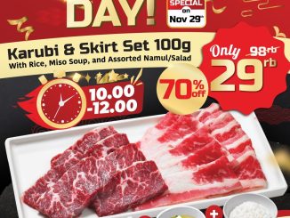 Promo Yakiniku Like Niku Crazy Day set Karubi & Skirt 100g mulai Rp. 29.000 dengan diskon 70% berlaku 29 November 2025.