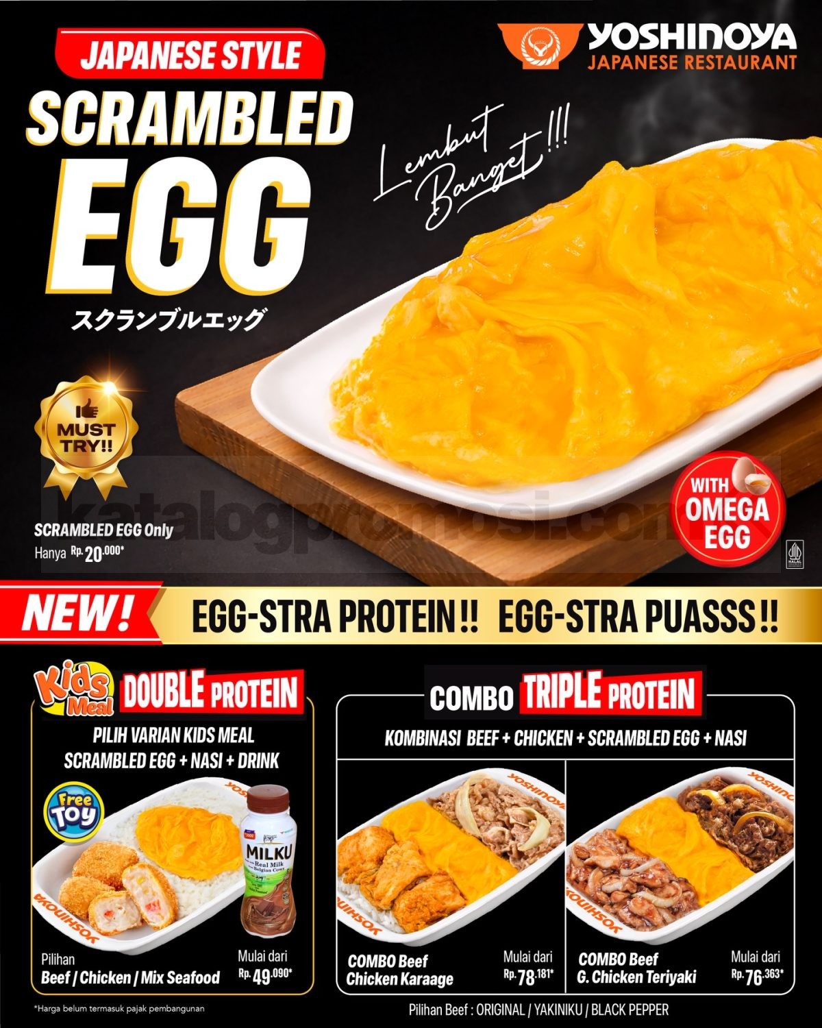 Promo Yoshinoya NEW Japanese Style Scrambled Egg mulai Rp. 20.000 Promo Yoshinoya NEW Japanese Style Scrambled Egg mulai Rp. 20.000 pilihan combo triple protein dan kids meal
