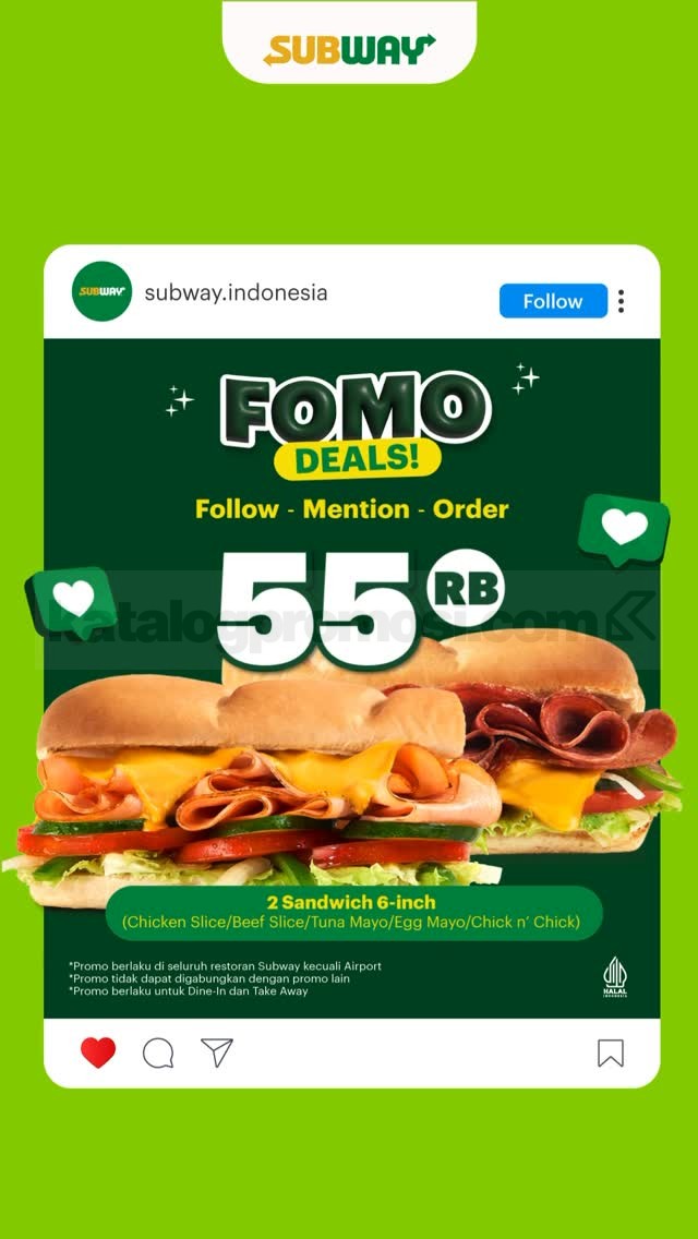 Promo Subway FOMO Deals 2 Sandwich Rp55.000 Promo Subway FOMO Deals 2 Sandwich Rp55.000