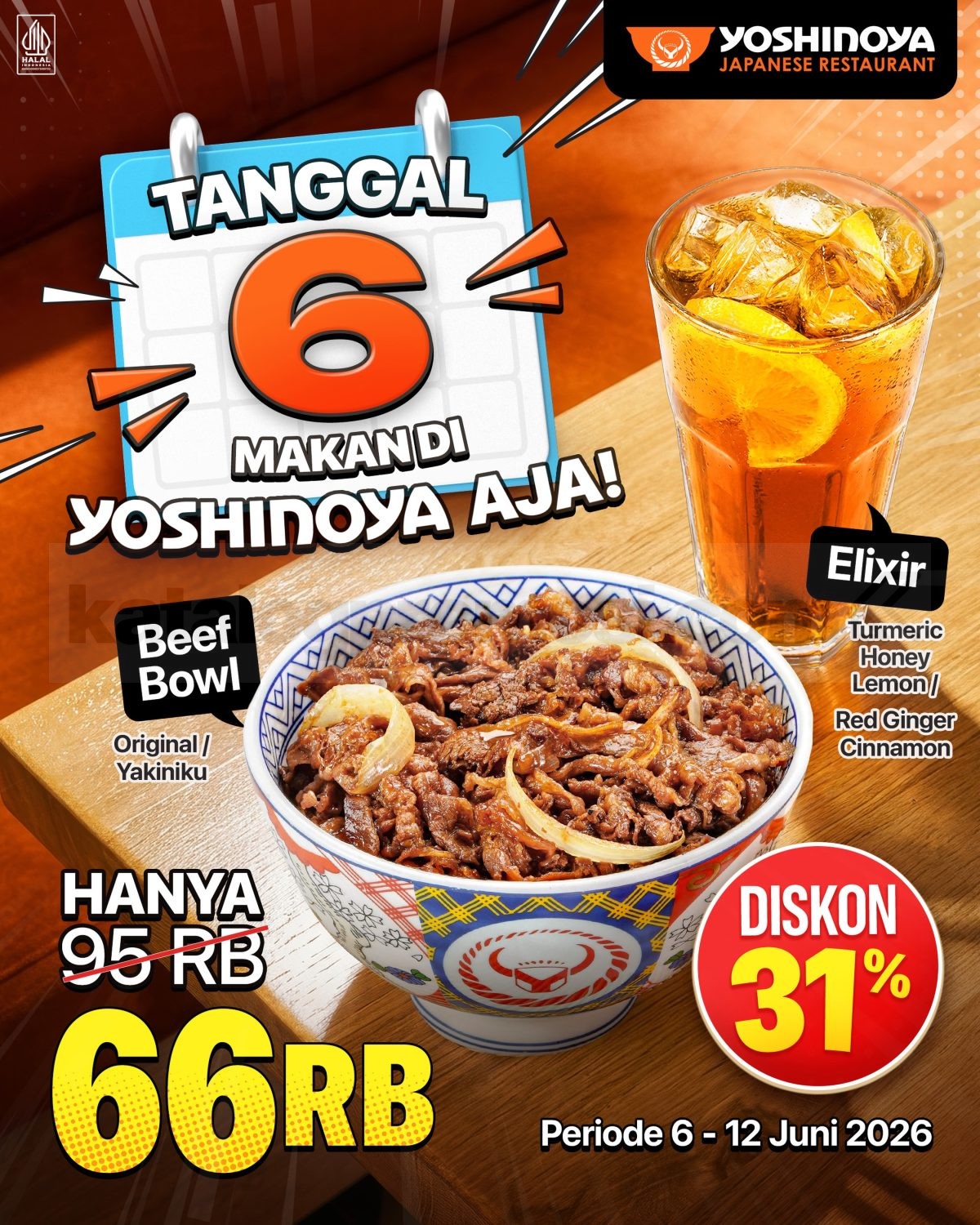 Promo Yoshinoya Beef Bowl dan Minuman Elixir Diskon 31% Cuma Rp. 66.000* Promo Yoshinoya Beef Bowl dan Minuman Elixir Diskon 31% Cuma Rp. 66.000 periode 6 Juni 2026 sampai 12 Juni 2026