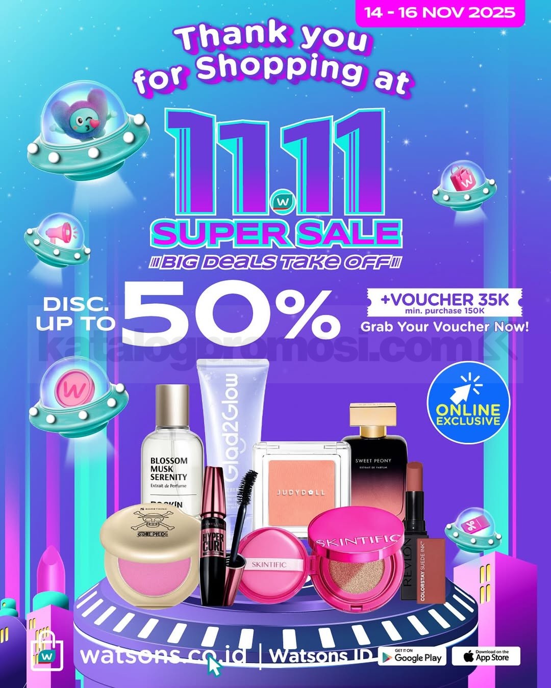 Promo Watsons 11.11 Thank You Sale! Diskon 50% + Voucher 35K