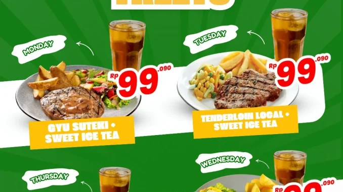 Promo Abuba Steak Weekdays Treets menu mulai Rp. 59.090 dengan pilihan menu berbeda setiap hari.