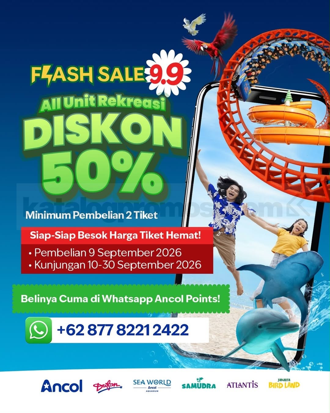 Promo Ancol 9.9 Diskon Tiket Wahana hingga 50% Promo Ancol 9.9 diskon tiket hingga 50% untuk Dufan, Sea World, Samudra, Atlantis dan Jakarta Bird Land.