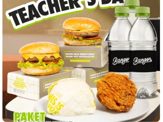 Promo Burger Bangor Spesial Hari Guru Paket Ngumpul Rp. 97.500 dengan pilihan menu burger, ayam crispy, dan minuman.