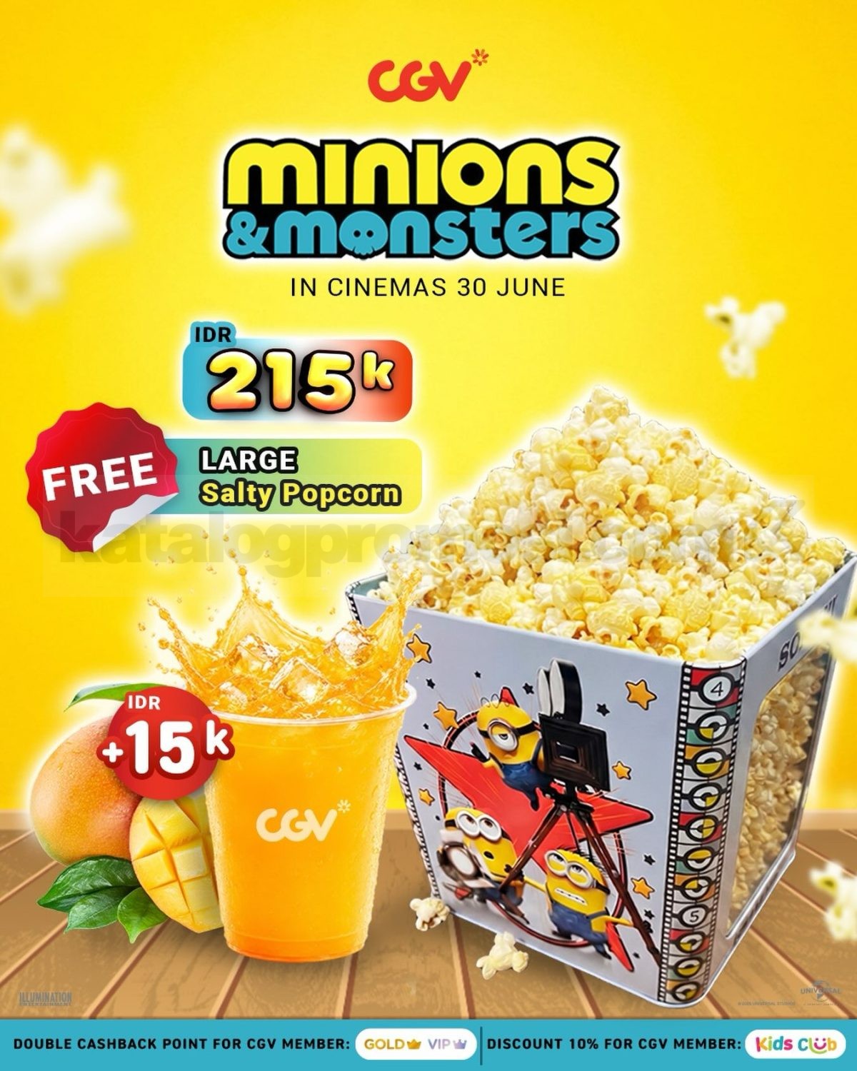 Promo CGV Minions and Monsters Square Popcorn Tin Bucket Promo CGV Minions and Monsters Square Popcorn Tin Bucket lengkap dengan minuman Sjora dan Large Salty Popcorn.