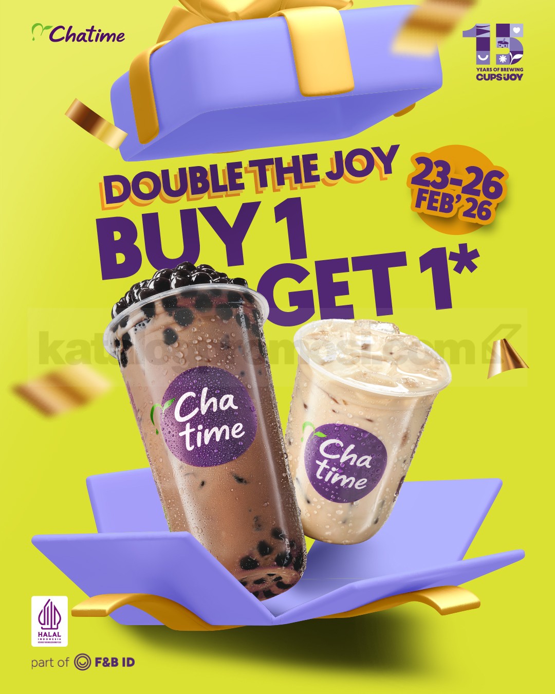Promo Chatime Double The Joy Buy 1 Get 1 FREE Promo Chatime Double The Joy Buy 1 Get 1 FREE periode 23 – 26 Februari 2026 untuk pembelian Large plus topping