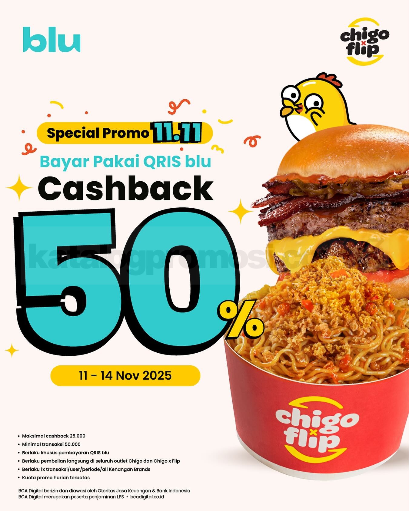 Promo Chigo x Flip Special 11.11 Cashback 50% pakai QRIS blu Promo Chigo x Flip Special 11.11 Cashback 50% via QRIS blu berlaku 11–14 November 2025