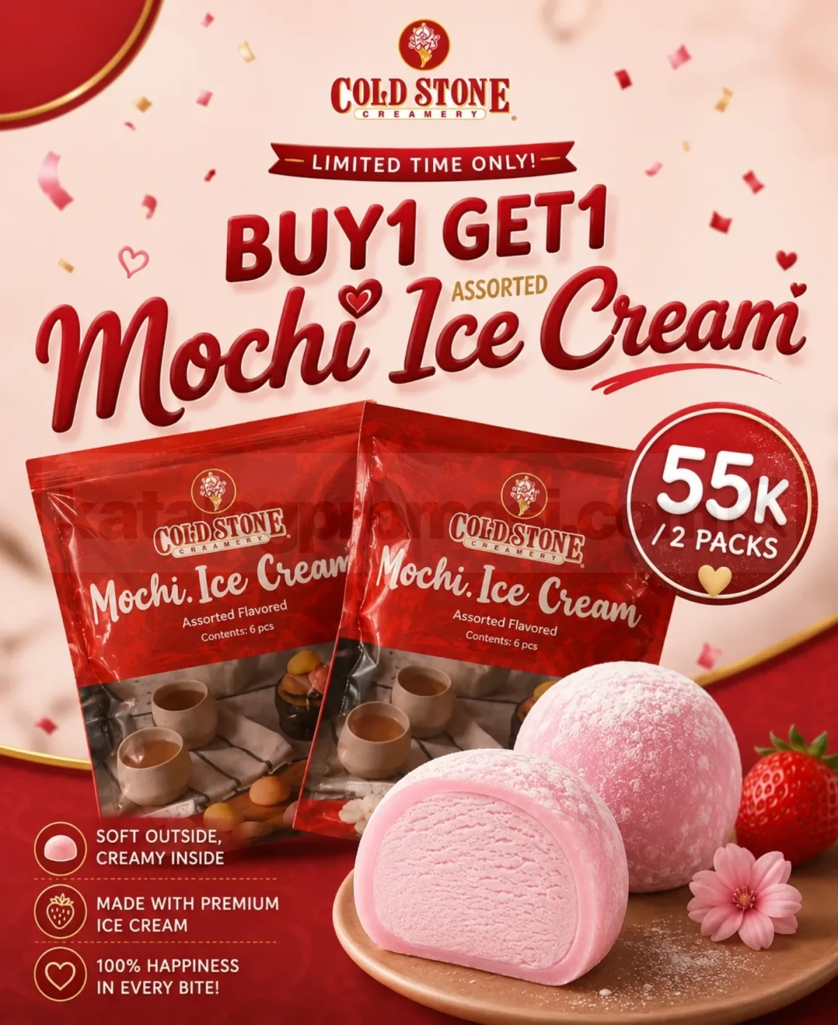 Promo Cold Stone Buy 1 Get 1 Mochi Ice Cream Promo Cold Stone Buy 1 Get 1 Mochi Ice Cream dengan harga Rp. 55.000 untuk 2 pack assorted mochi ice cream