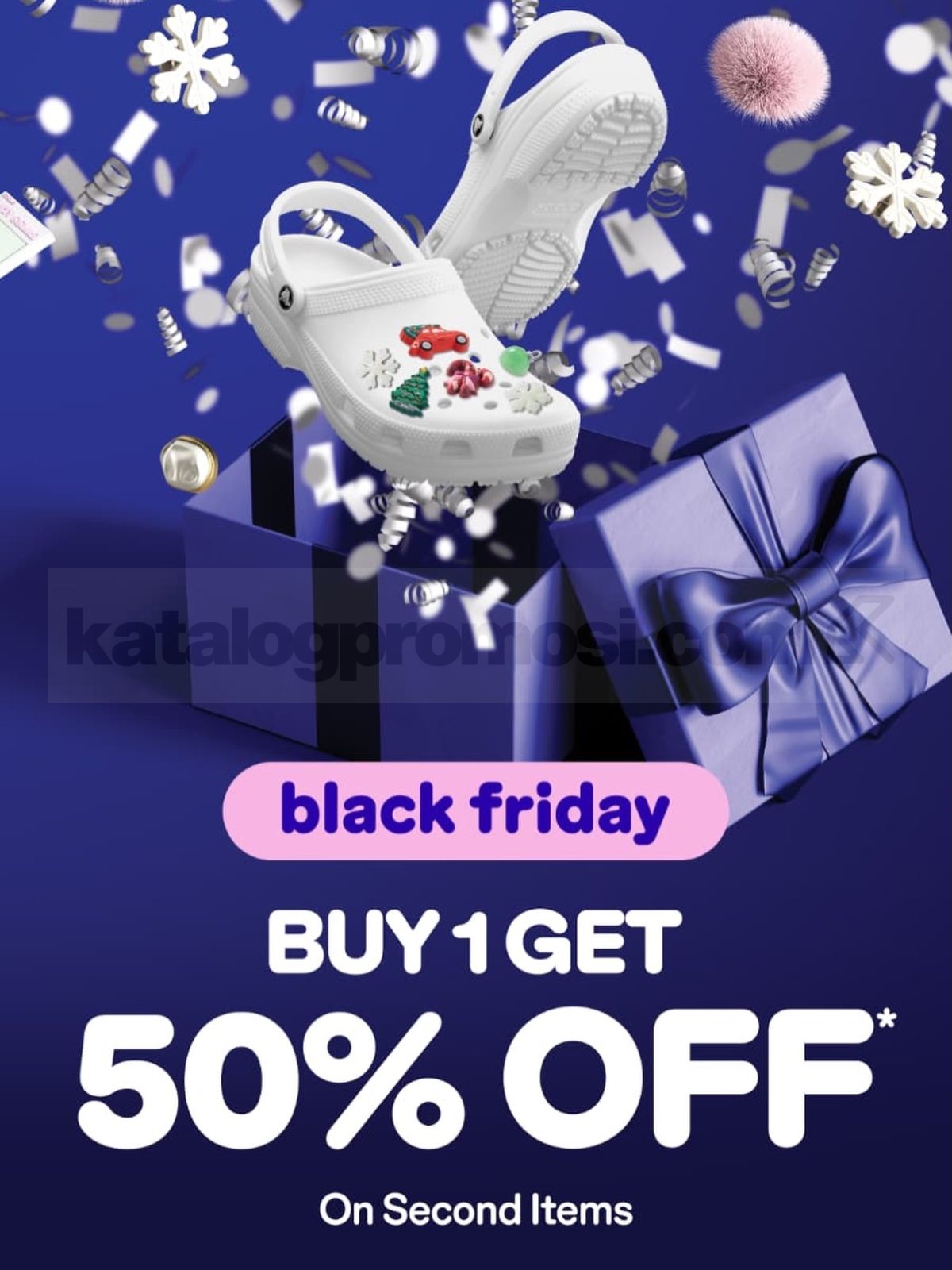 Promo Crocs Black Friday Deals Diskon 50% Second Item Promo Crocs Black Friday Deals Diskon 50% second item berlaku 28 November – 1 Desember 2025 untuk pembelian dua produk harga normal.