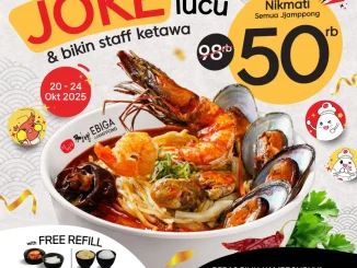 Promo Ebiga Jjamppong Share Joke semua menu jjamppong Rp. 50.000, free refill banchan & 1x nasi/mi, 20–24 Oktober 2025