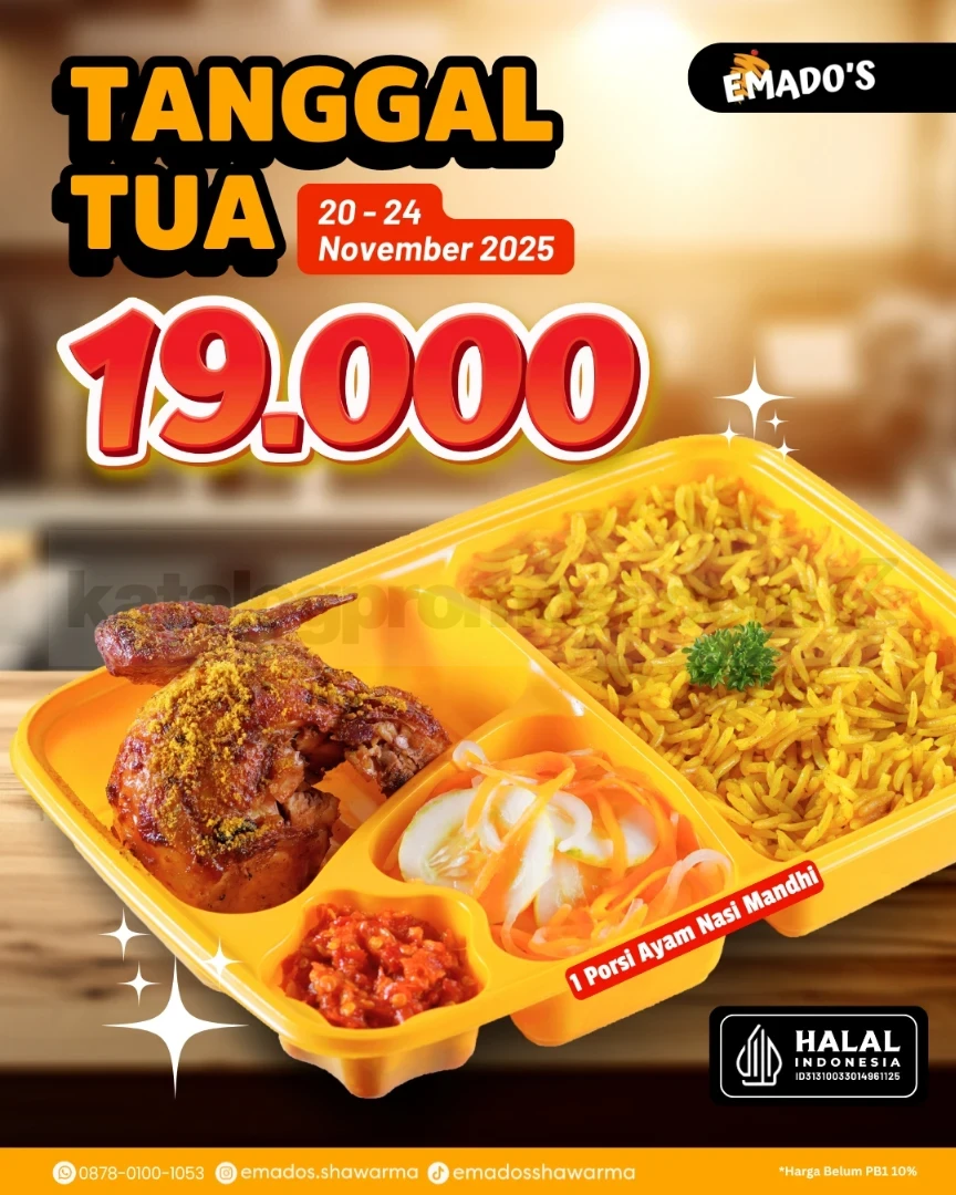 Promo Emado’s Tanggal Tua Ayam Nasi Mandhi + Acar & Sambal Rp. 19.000 Promo Emado’s Tanggal Tua Ayam Nasi Mandhi + Acar & Sambal Rp. 19.000 hemat lezat