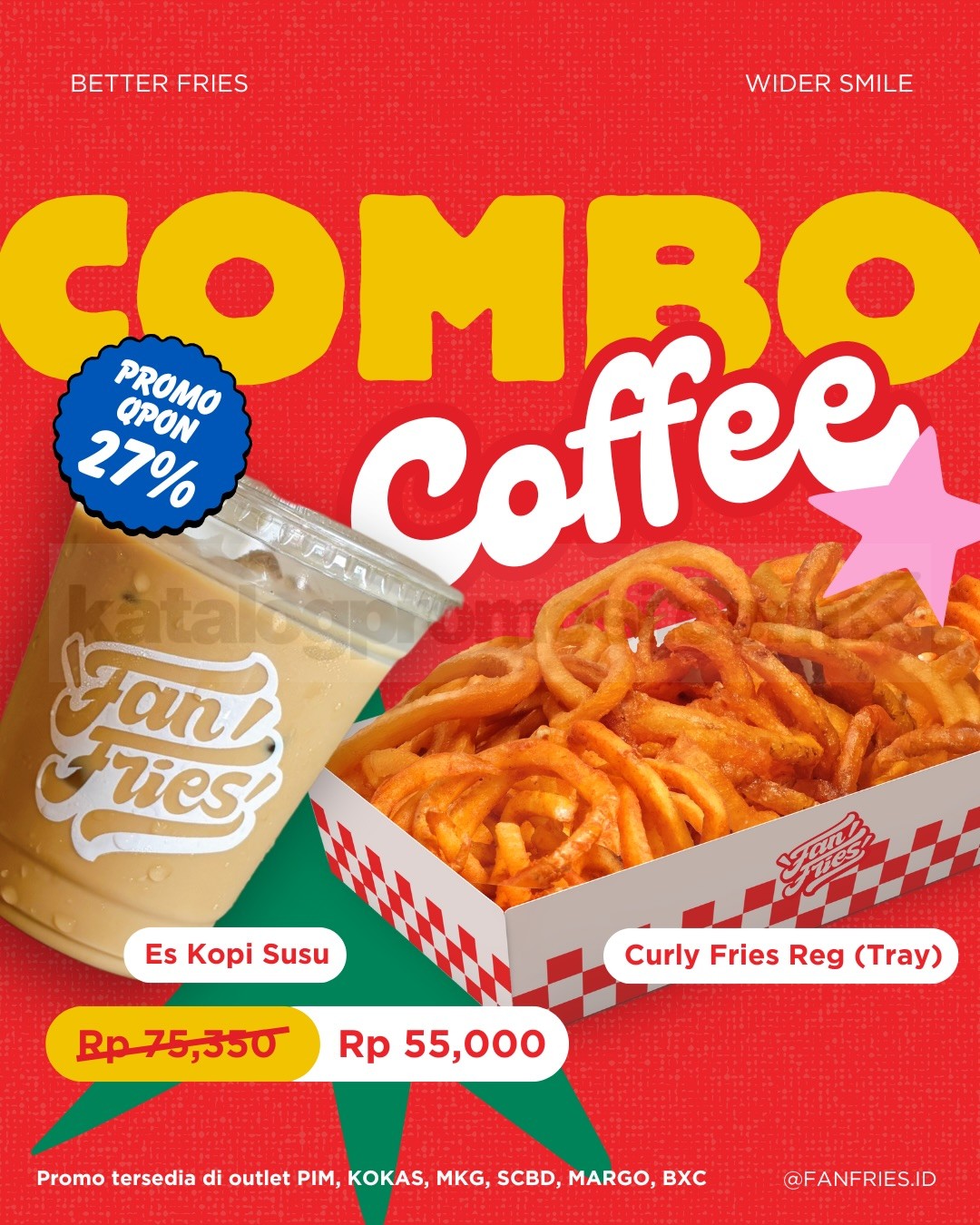 Promo FanFries QPON Combo Sundae & Coffee mulai Rp. 52.800 Promo FanFries QPON Combo Sundae & Coffee mulai Rp. 52.800 dengan diskon hingga 27%