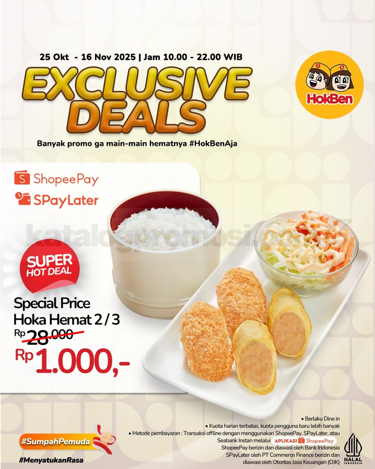 Promo HOKBEN ShopeePay Deals cuma Rp. 1.000 Promo HOKBEN ShopeePay Deals cuma Rp. 1.000 berlaku 25 Oktober – 16 November 2025 di seluruh outlet dine-in HokBen Indonesia