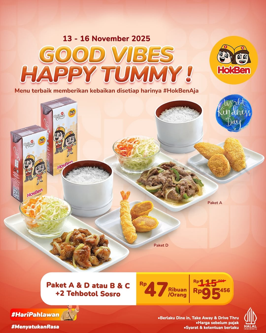 Promo HokBen World Kindness Day Paket Spesial Mulai Rp. 47 Ribu Promo HokBen World Kindness Day Paket Spesial mulai Rp. 47 ribu dengan 2 Tehbotol Sosro