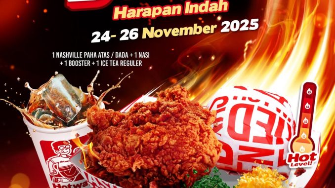 Promo Hotway's Chicken Bekasi Grand Opening Banting Harga Rp.20.000 paket lengkap ayam nashville dan minumannya.