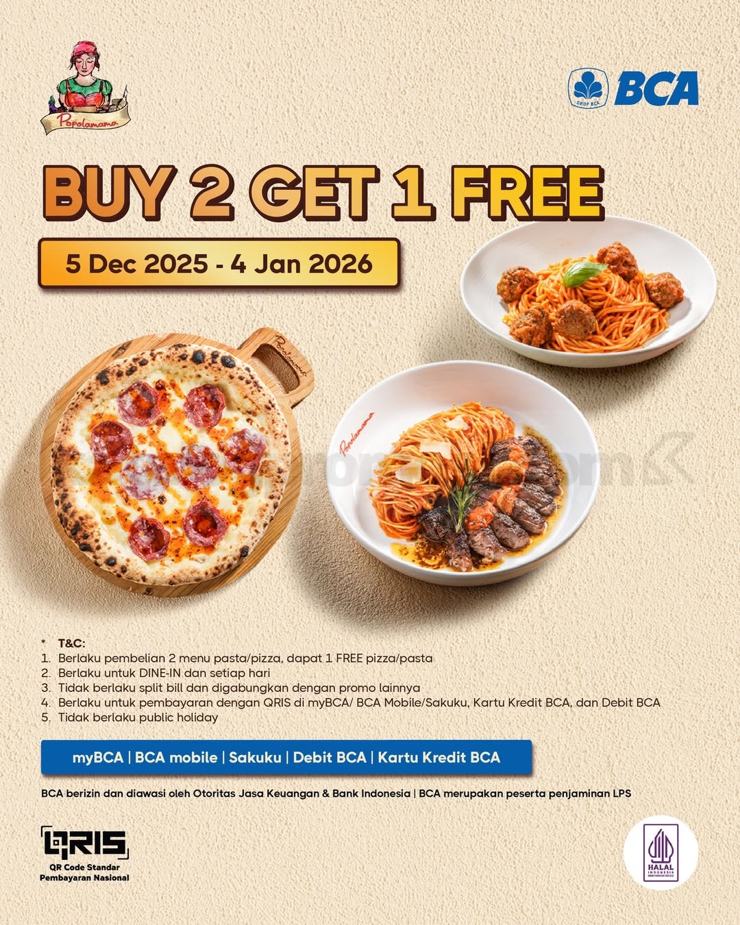 Promo Popolamama BCA Buy 2 Get 1 Free Pizza & Pasta Promo Popolamama BCA Buy 2 Get 1 Free Pizza & Pasta untuk pengguna BCA
