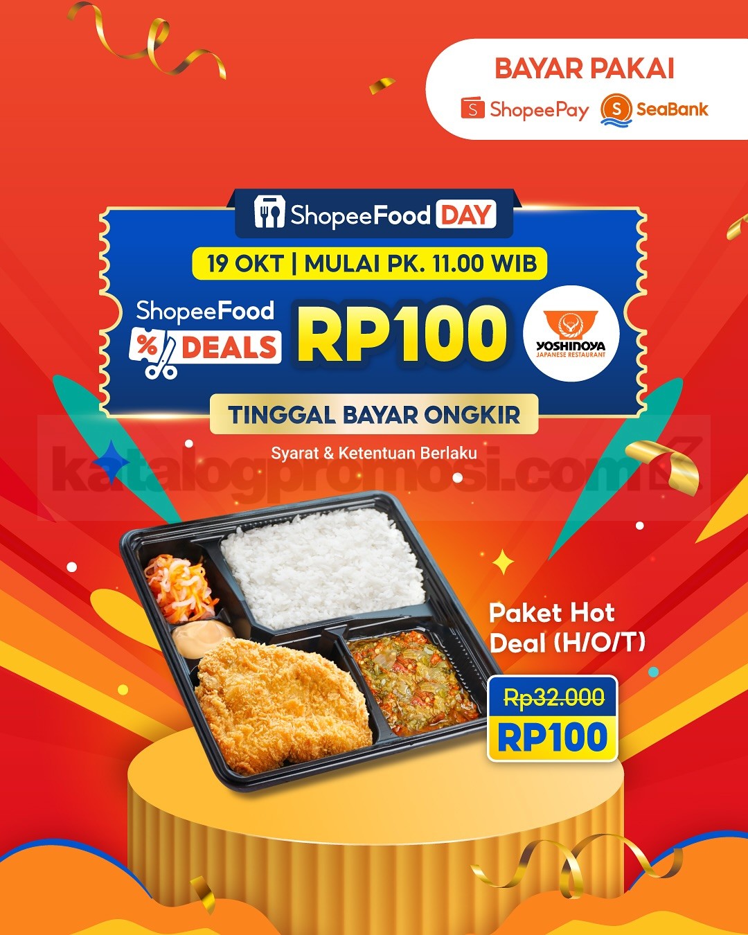 Promo ShopeeFood Day Yoshinoya Paket H/O/T Cuma Rp. 100 Promo ShopeeFood Day Yoshinoya Paket H/O/T Rp. 100 berlaku 19 Oktober 2025