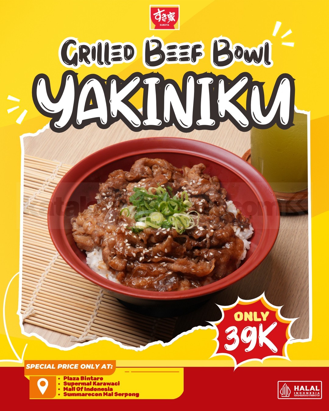 Promo Sukiya Grilled Beef Bowl Yakiniku Rp 39K Promo Sukiya Grilled Beef Bowl Yakiniku Rp 39K, daging juicy manis-gurih di beberapa outlet Sukiya