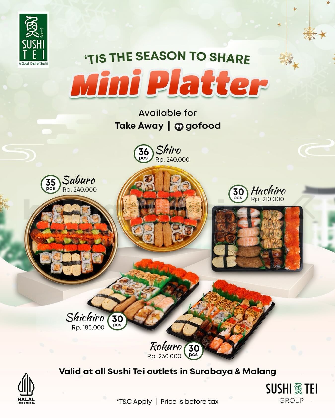 Promo Sushi Tei Mini Platter mulai Rp. 185.000 Promo Sushi Tei Mini Platter mulai Rp. 185.000 dengan pilihan platter sushi untuk berbagi