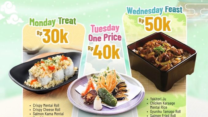 Promo Sushi Tei One Price Delight Mulai Rp. 30.000 dengan menu sushi, roll, dessert, dan minuman spesial
