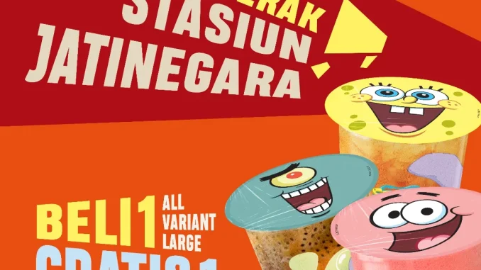 Promo Teh Kotjok Opening Stasiun Jatinegara beli 1 Large gratis 1 Regular + bookmark SpongeBob