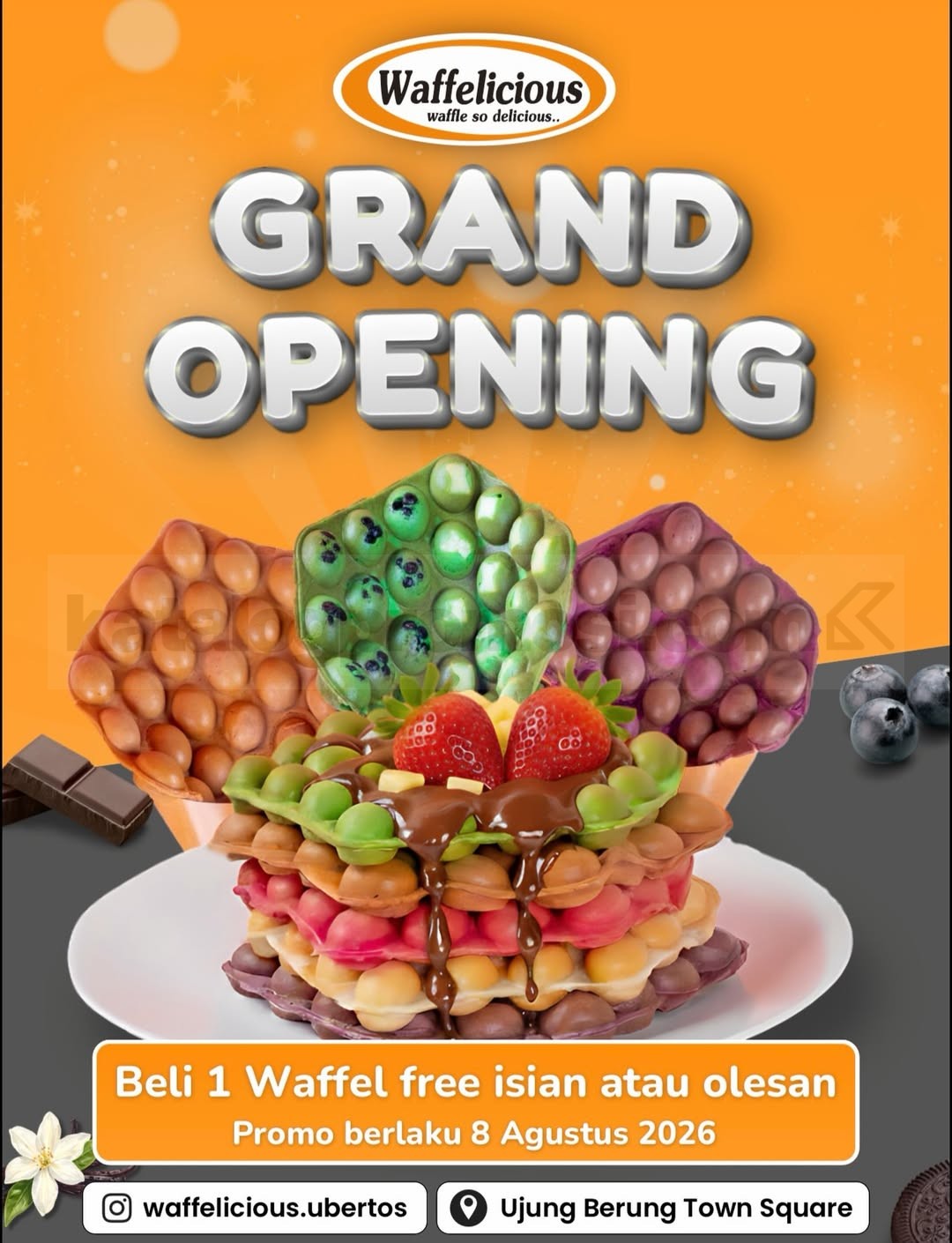 Promo Waffelicious Grand Opening Gratis Isian atau Olesan Promo Waffelicious Grand Opening Gratis Isian atau Olesan mulai 8 Agustus 2026 di Ujung Berung Town Square.