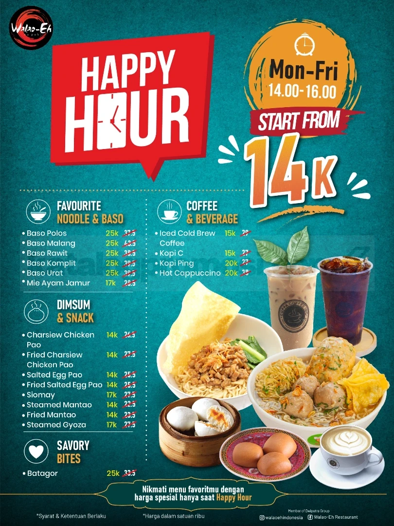 Promo Walao-Eh Happy Hour Menu Mulai Rp. 14.000 Promo Walao-Eh Happy Hour Menu Mulai Rp. 14.000 untuk aneka baso, dimsum, snack dan kopi favorit