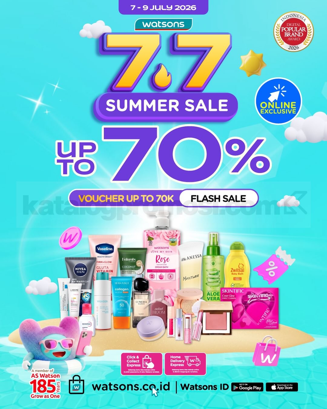 Promo Watsons 7.7 Summer Sale Diskon Hingga 70% Promo Watsons 7.7 Summer Sale Diskon Hingga 70% dengan voucher Rp70.000 dan Flash Sale pada 7–9 Juli 2026.