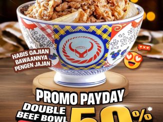 Promo Yoshinoya Payday Double Beef Bowl Diskon 50%, seporsi kedua mulai Rp.37.000 di store tertentu.