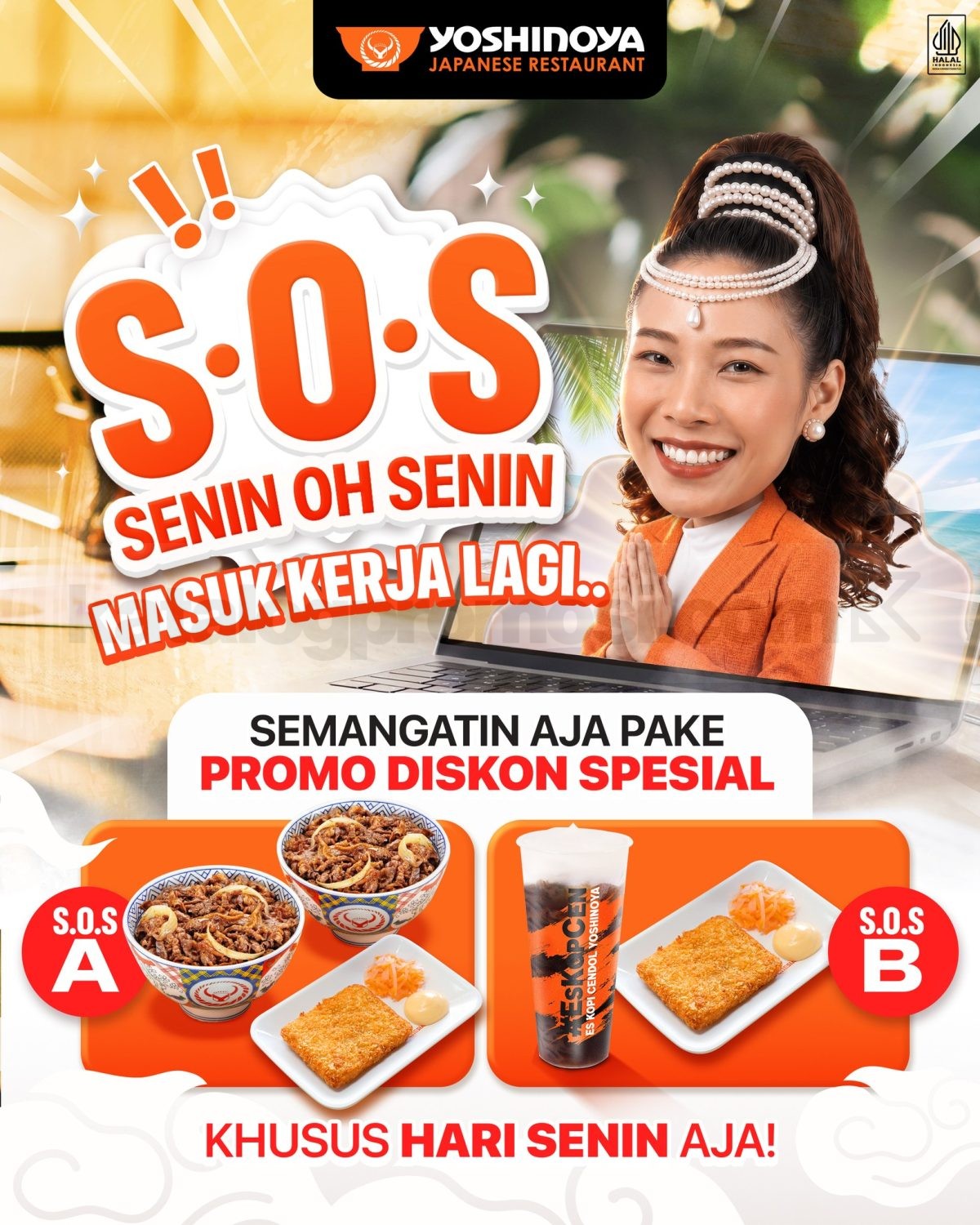 Promo Yoshinoya S.O.S Senin Oh Senin Mulai Rp37.000 Promo Yoshinoya S.O.S Senin Oh Senin Hemat Mulai Rp37.000 dengan paket Beef Bowl dan Es KopCen khusus 6 Juli 2026.