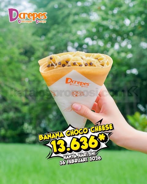 Promo Dcrepes Banana Choco Cheese Cuma Rp. 13.636 Promo Dcrepes Banana Choco Cheese Rp. 13.636 berlaku 26 Februari 2026