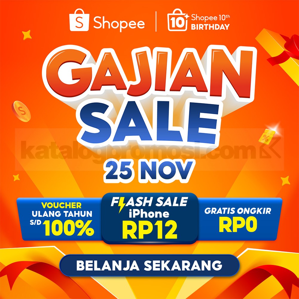 Shopee GAJIAN SALE 25 NOV! Voucher Ulang Tahun 100% + Gratis Ongkir